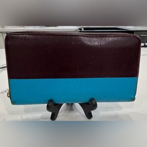 Vintage Celine Leather Zip Around Wallet Brown Blue Italy w/ COA